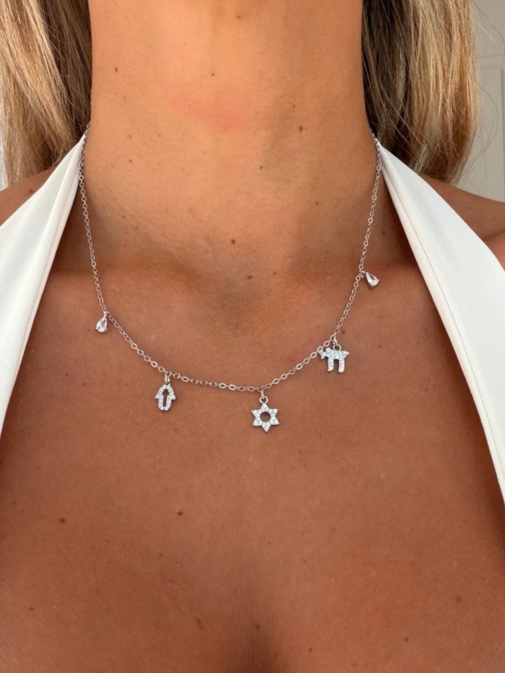 Silver-Tone Star of David, Chai & Hamsa Charm Necklace